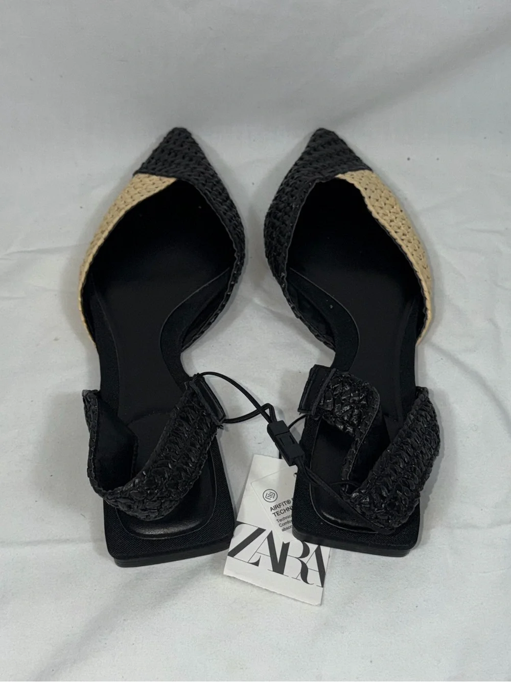 Zara Woven Raffia Slingback Flats NWT Black Beige Pointed Toe Flat Sandal 39 8 - Picture 4 of 7
